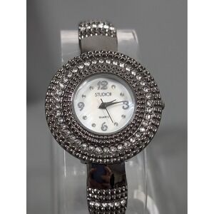 Studio Rhinestone Cuff Watch Silver Gray Statement‎ Wide Bracelet 6"